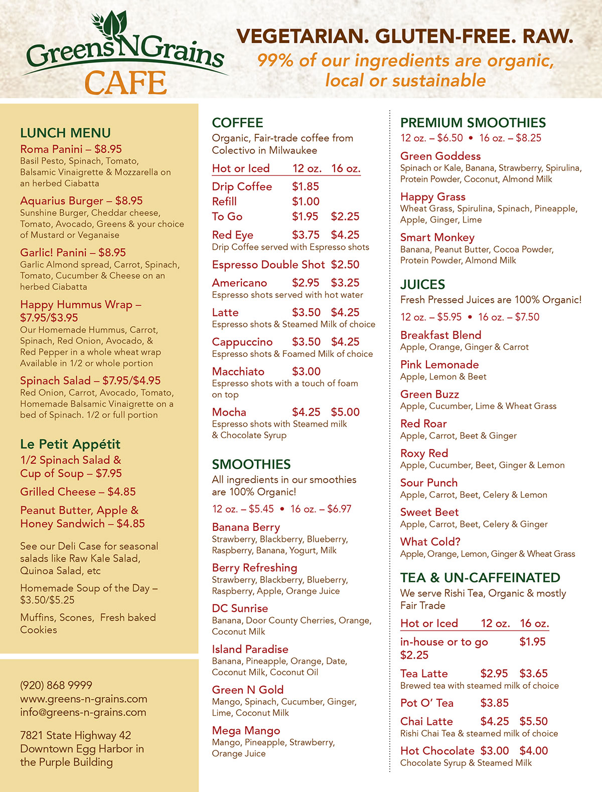 Café Menu Greens N Grains Natural Foods Market & Café